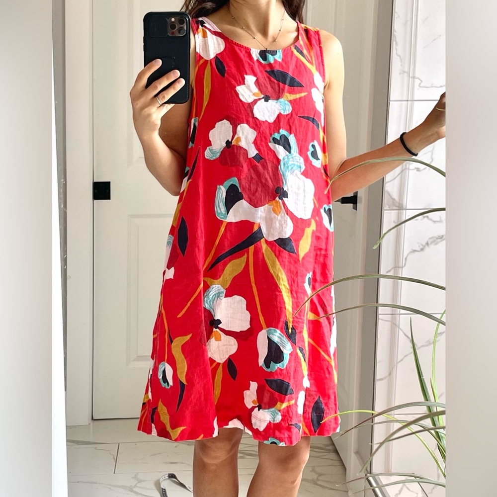 Sigrid Olsen 100% Linen Red Floral Midi Dress